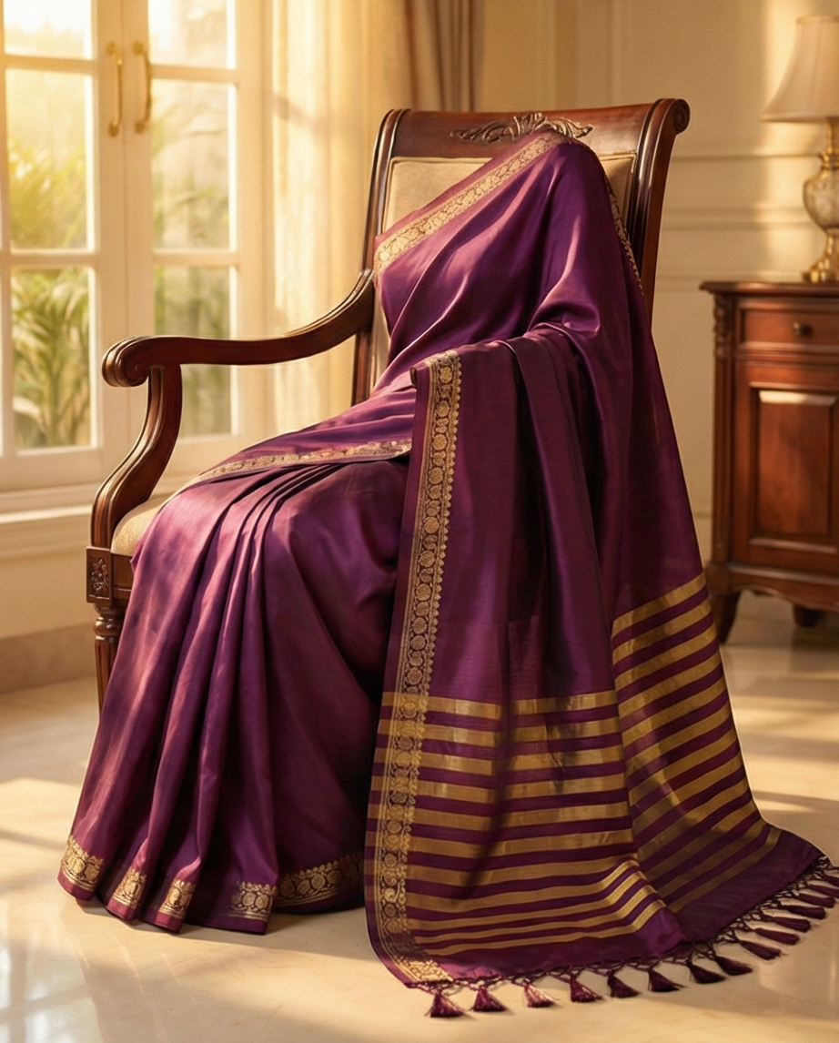 Deep Wine Semi Mysore Silk Saree with Gold Stripe Pallu & Zari Border - SR-KEP6