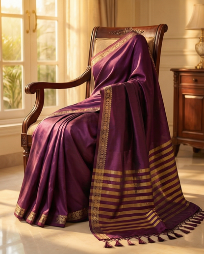 Deep Wine Semi Mysore Silk Saree with Gold Stripe Pallu & Zari Border - SR-KEP6