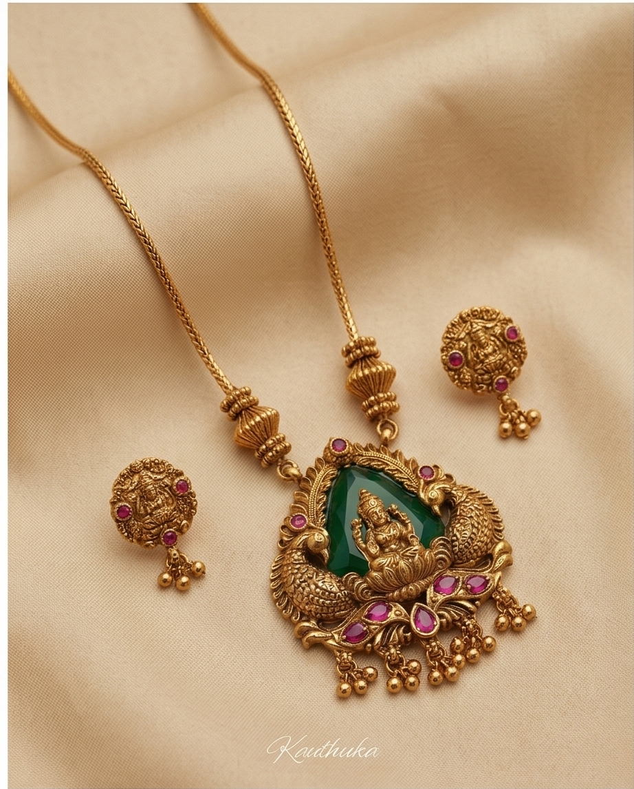 Emerald green stone Lakshmi with peacock pendant chain with Earrings (NRW26)