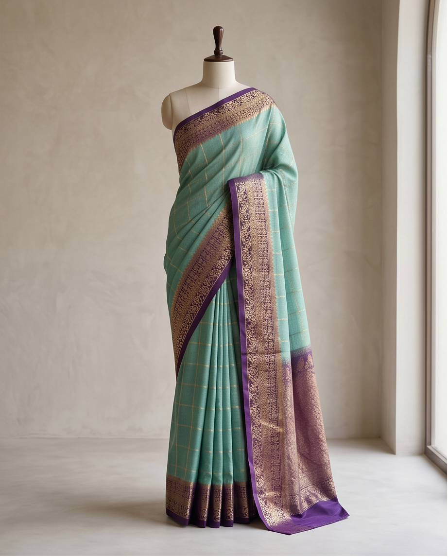 Classic Checkered Silk Saree with Grand Zari Border-mint green with dark purple (SR-PSMP36)