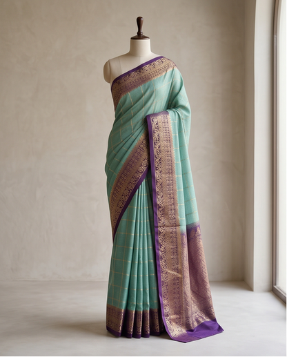 Classic Checkered Silk Saree with Grand Zari Border-mint green with dark purple (SR-PSMP36)