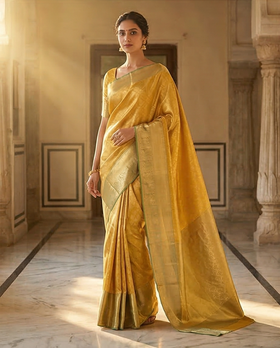 Mustard Yellow Semi Kanjivaram Silk Saree with Gold Zari Border