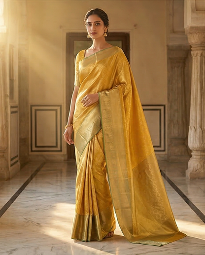 Mustard Yellow Semi Kanjivaram Silk Saree with Gold Zari Border