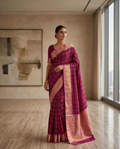 Classic Checkered Silk Saree with Grand Zari Border-maroon with dusty rose (SR-PSMP34)