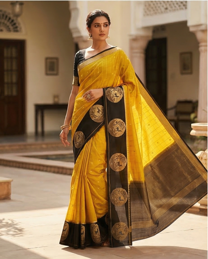 Soft, woven traditional fabric with rich zari work premium Saree (SR-MSP4)-Yellow & Black