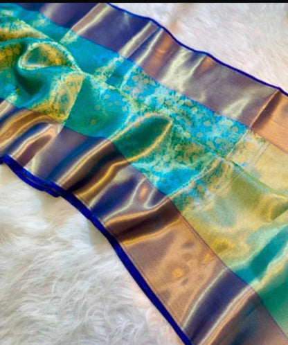 Teal Blue Banarasi Silk Saree with Gold Zari Border & Floral Jaal Weave - SR-SBP2