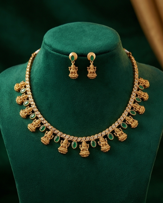 Vintage Lakshmi and green stone Necklace with Earrings (NRW34)
