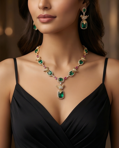 Premium quality white stone with parrot Necklace with Earrings (NRW30)