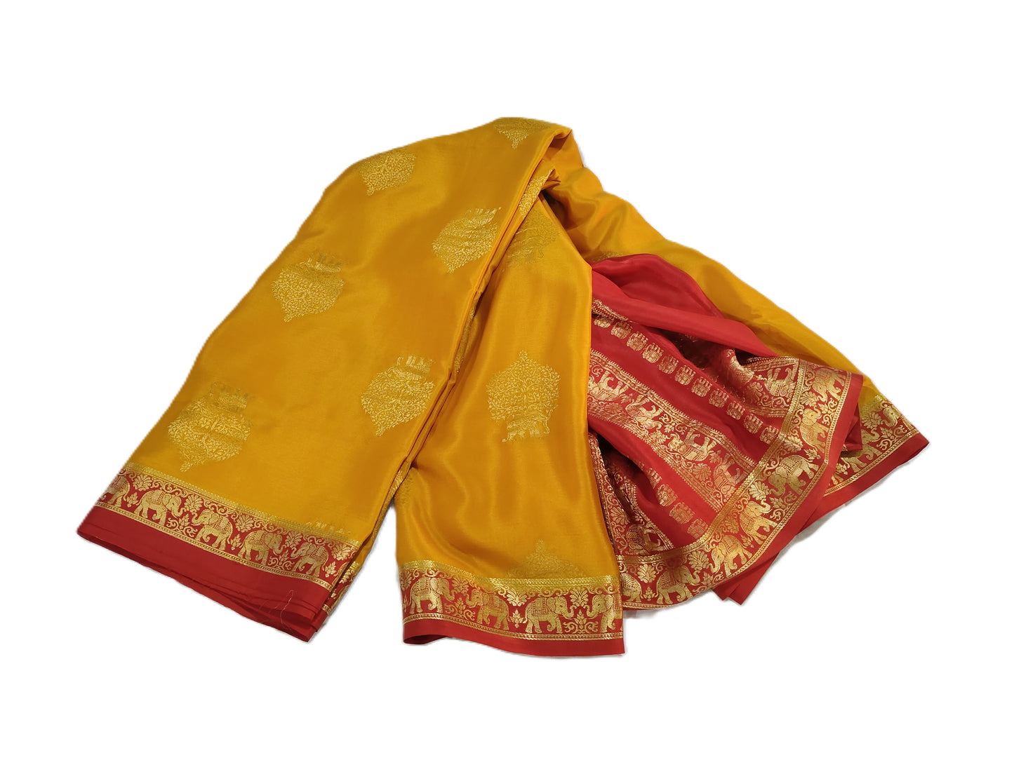 Pure Mysore Silk Saree with traditional elephant and floral designs(120gsm) - SR-PSMP4-Golden Yellow & Red