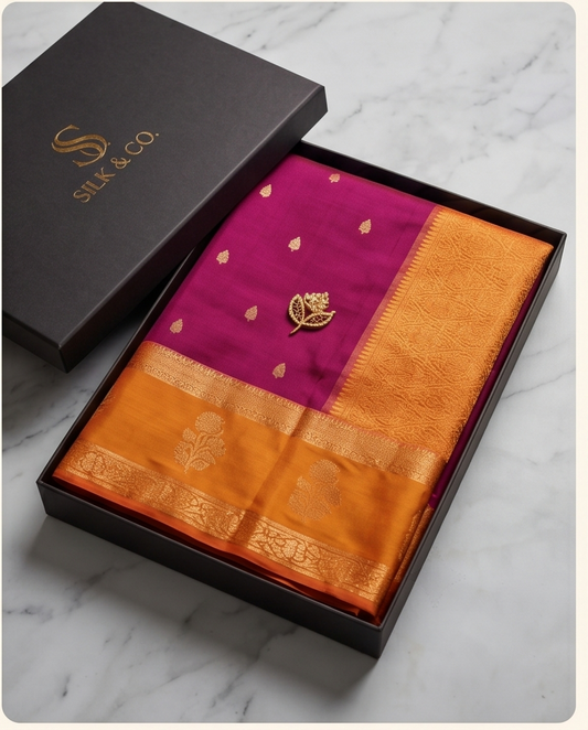 Mysore crepe flower pattern dark maroon with mustard yellow(SR-MSP26)