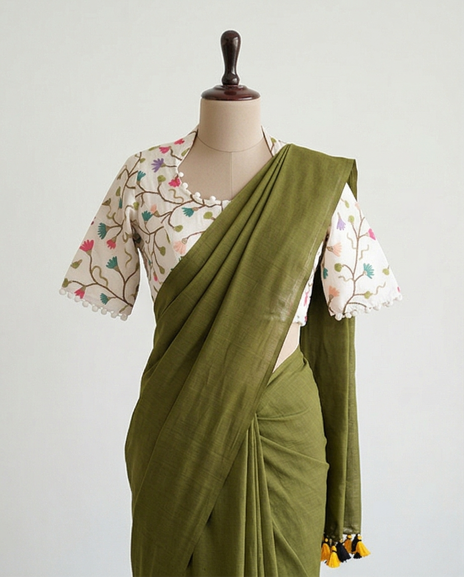 Olive Green Textured Saree with Multicolor Embroidered Blouse - SR-KP3