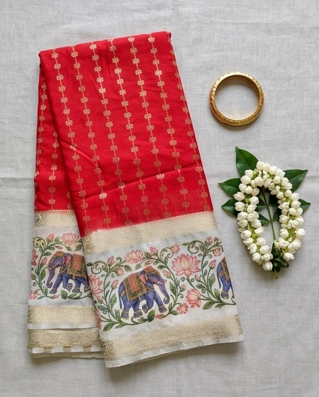 Premium Crepe silk with kalamkari border design-Red(SR-MSP34)