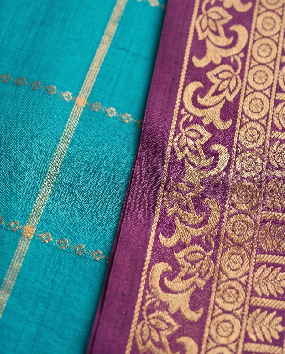 Classic Checkered Silk Saree with Grand Zari Border-Ramagreen with purple (SR-PSMP31)