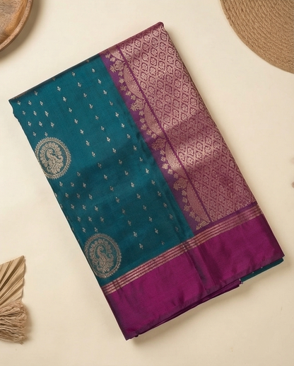 Teal Kanchipuram Silk Saree with Silver Motifs & Contrasting Magenta Zari Border - SR-MSP12