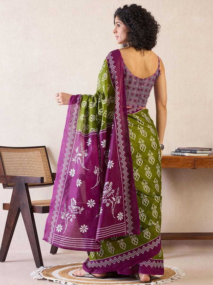 Olive Green Mulmul Cotton Saree with White Block Print & Magenta - SR-KEP9