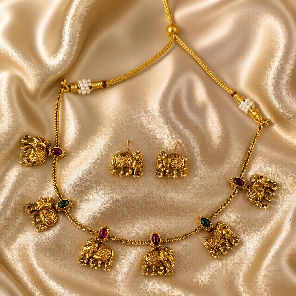 Elephant Pattern Necklace with Earrings (NRW-50)