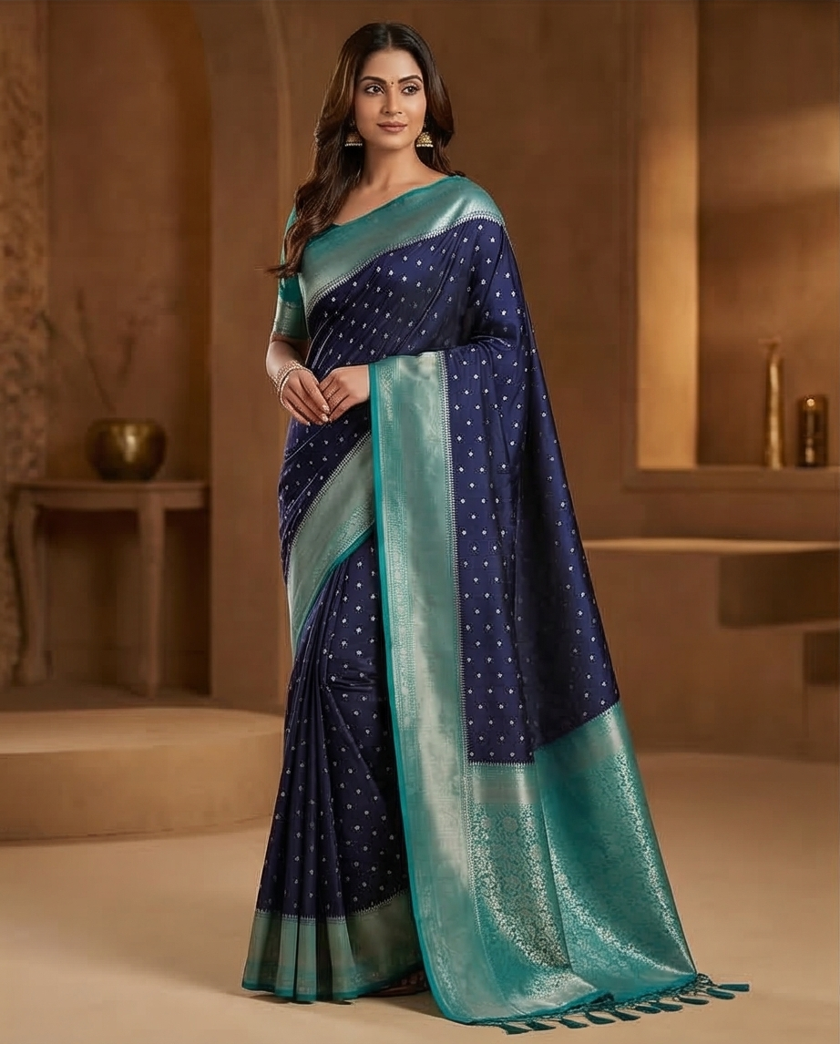 Dual‑tone semi silk saree with silver zari work (SR-MSP2)-Deep Navy Purple -Blue