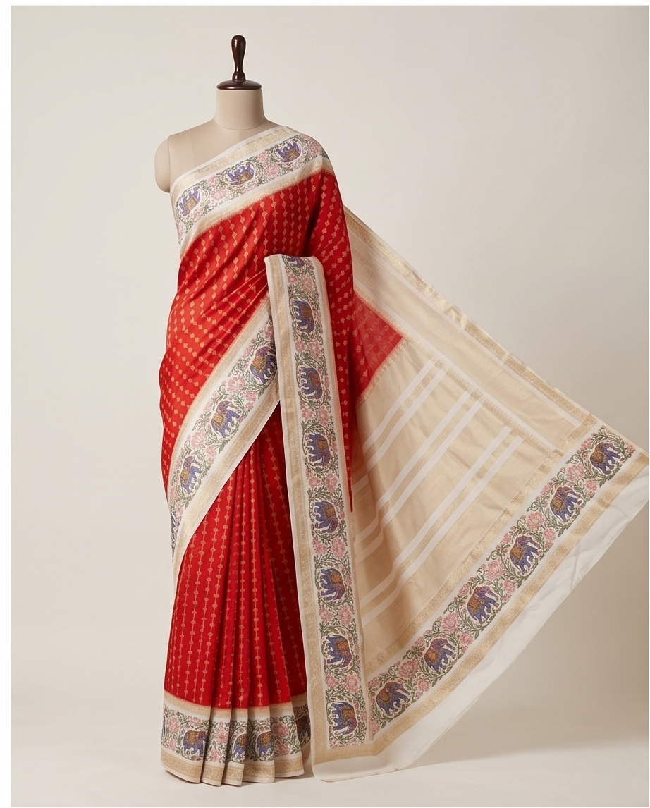 Premium Crepe silk with kalamkari border design-Red(SR-MSP34)