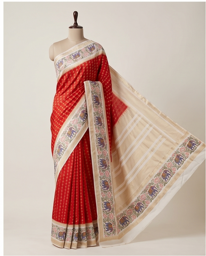 Premium Crepe silk with kalamkari border design-Red(SR-MSP34)