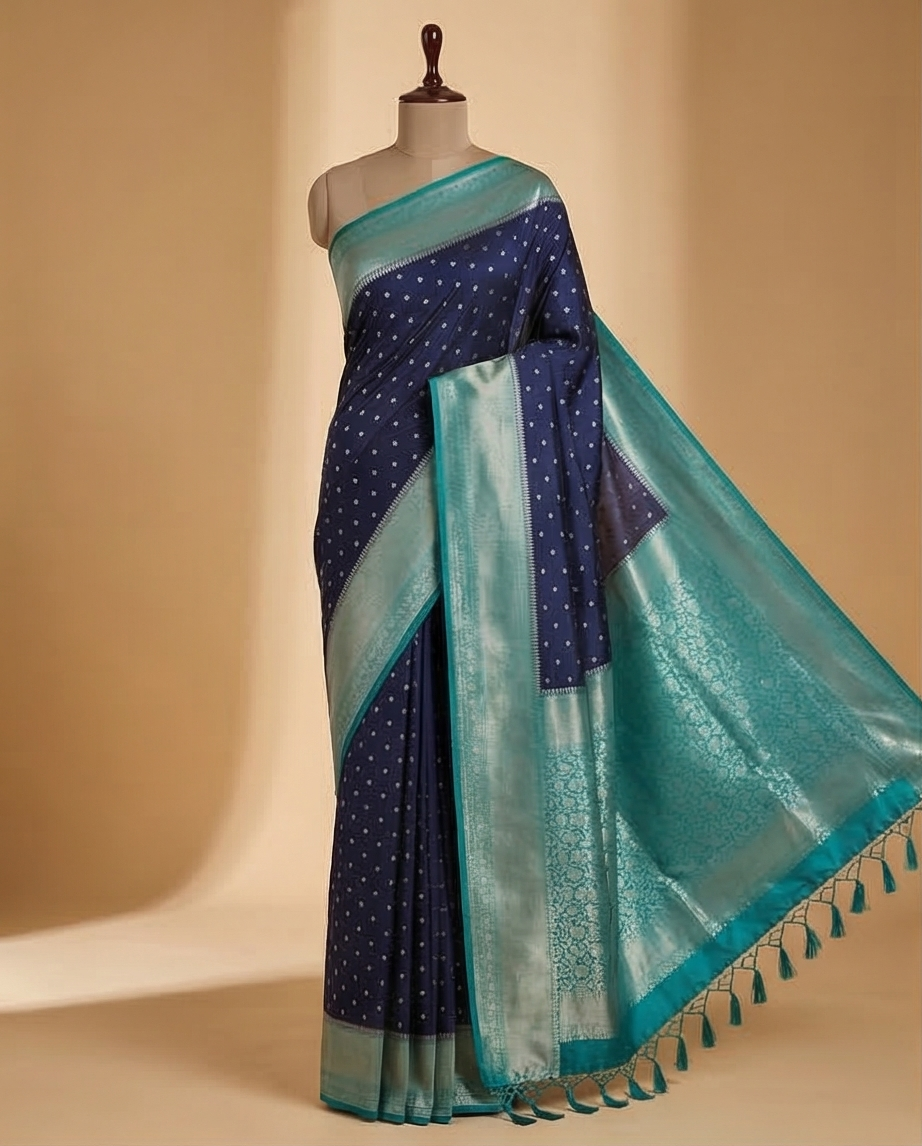 Dual‑tone semi silk saree with silver zari work (SR-MSP2)-Deep Navy Purple -Blue