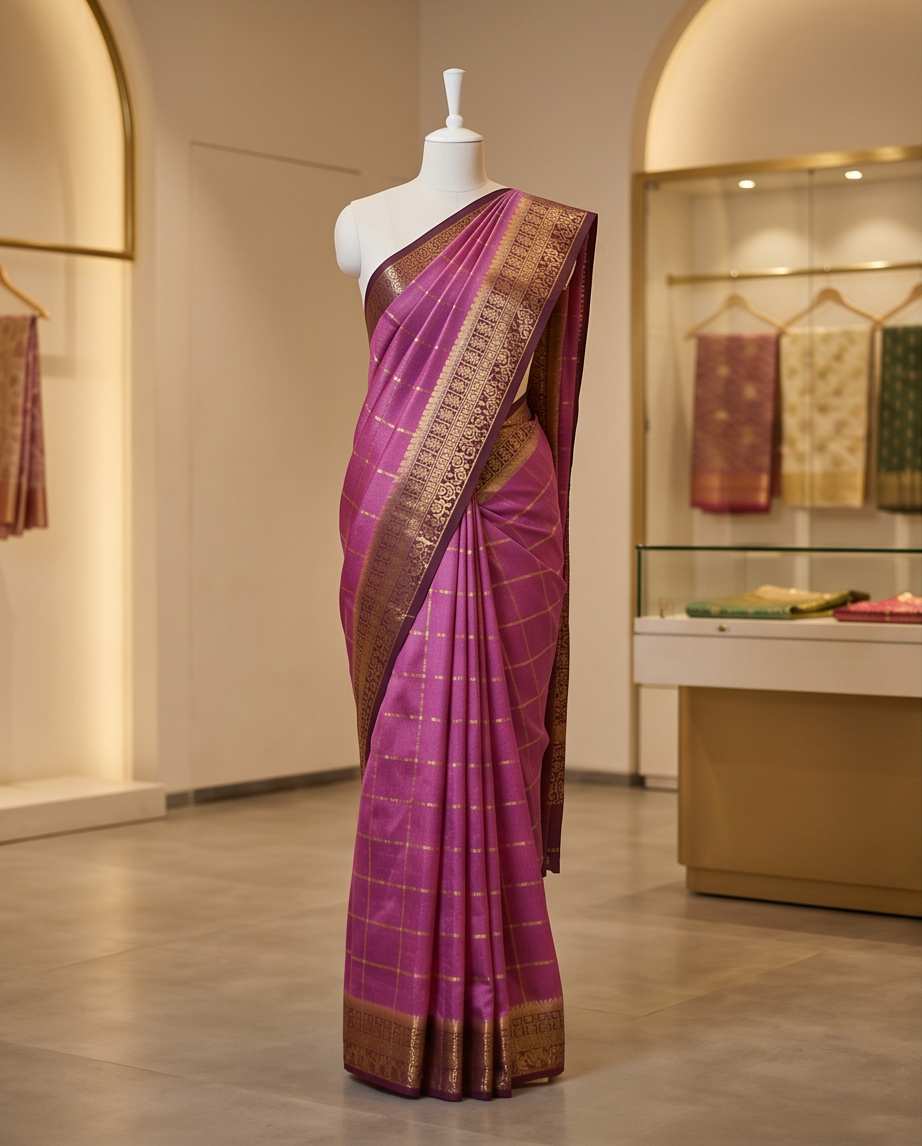 Classic Checkered Silk Saree with Grand Zari Border-Onion pink with maroon (SR-PSMP32)