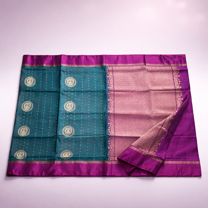 Teal Kanchipuram Silk Saree with Silver Motifs & Contrasting Magenta Zari Border - SR-MSP12