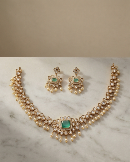 Vintage look white stone with pearl Necklace with Earrings (NRW24)