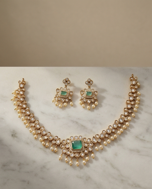 Vintage look white stone with pearl Necklace with Earrings (NRW24)