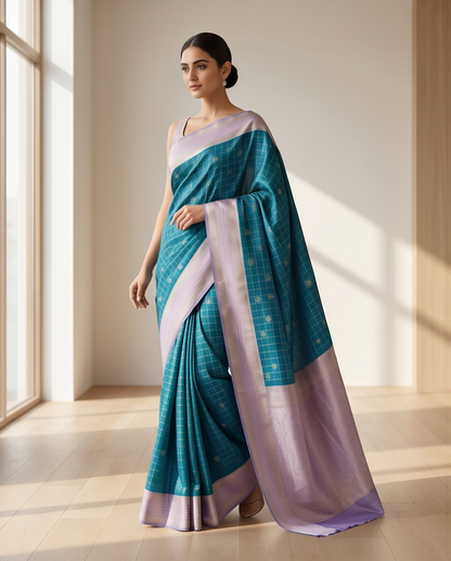 Contemporary Checks, Classic Elegance Sarees-Deep turquoise (SR-PSMP22)