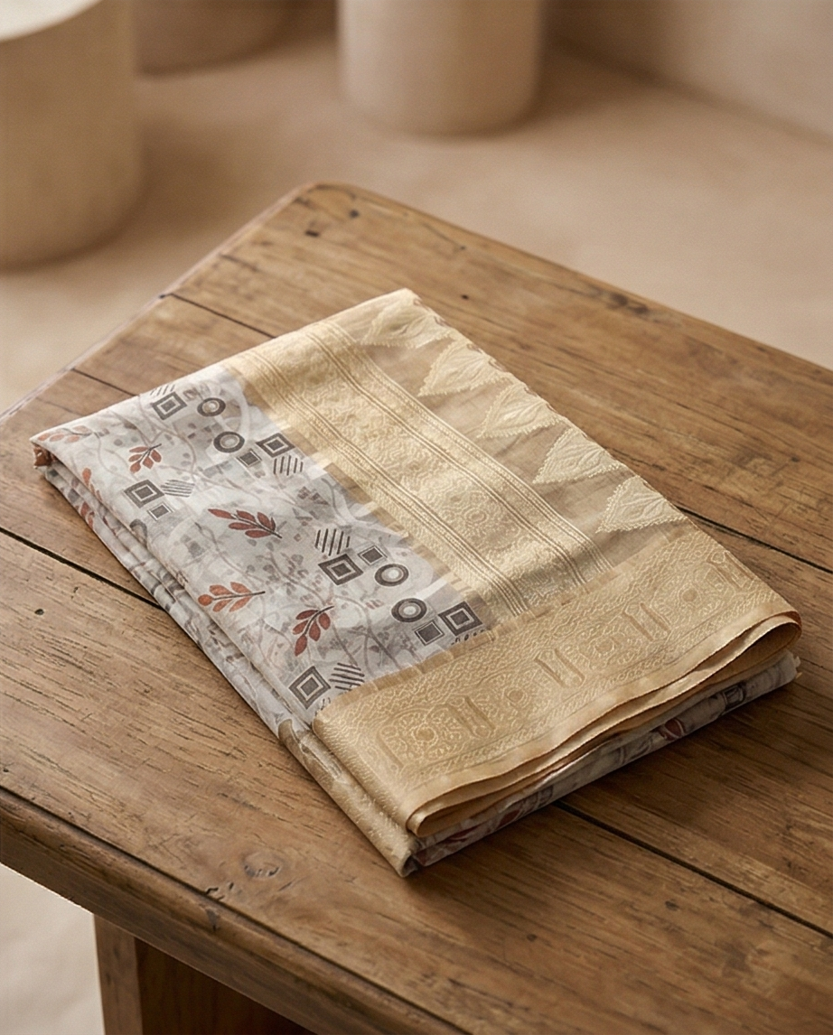 Cream Floral Printed Dyed Saree (SR-SP23)