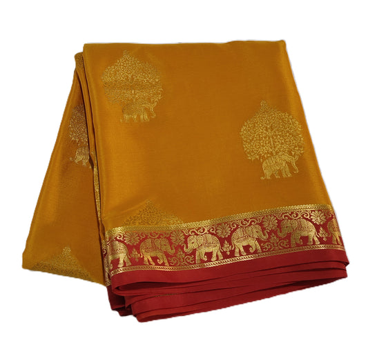 Pure Mysore Silk Saree with traditional elephant and floral designs(120gsm) - SR-PSMP4-Golden Yellow & Red