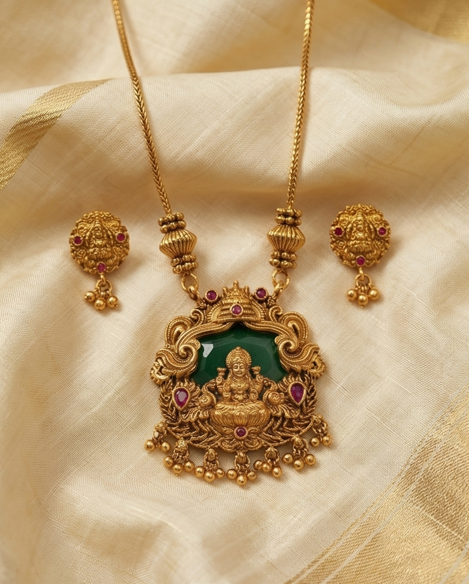 Emerald green stone Lakshmi pendant chain with Earrings (NRW25)