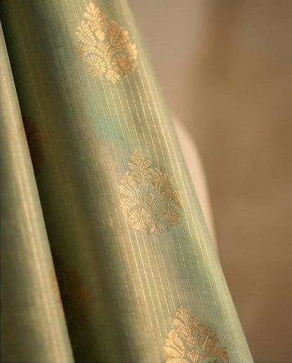 Mustard Gold Light Green Semi Kanjivaram Silk Saree with Gold Zari Border