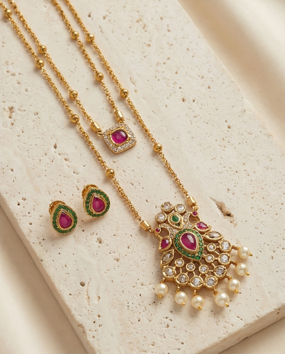 Double layer long short chain with beautiful pendant with Earrings (NRW35)