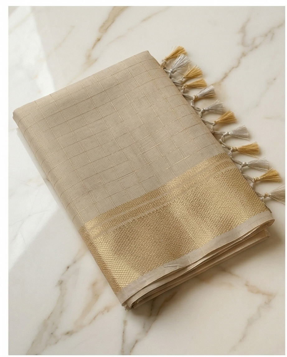 Premium Gray with Golden Checks Border Saree (SR-SP24)