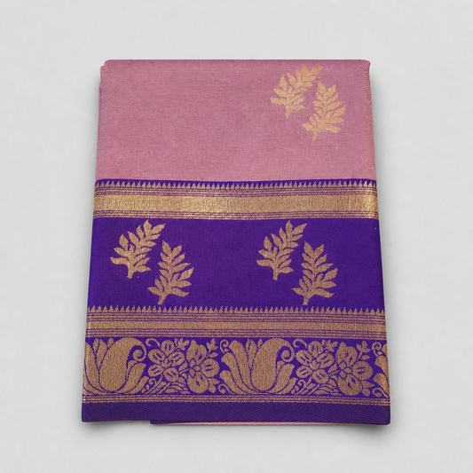 Semi silk saree with leaf and floral motifs.saree - light mauve body and a vibrant blue border (SR-PSMP24)