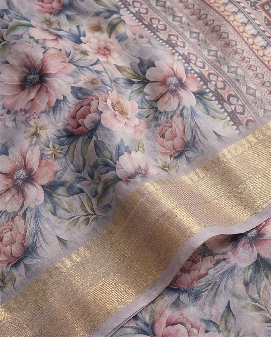 Grey Floral Synthetic Saree (SR-SP5)