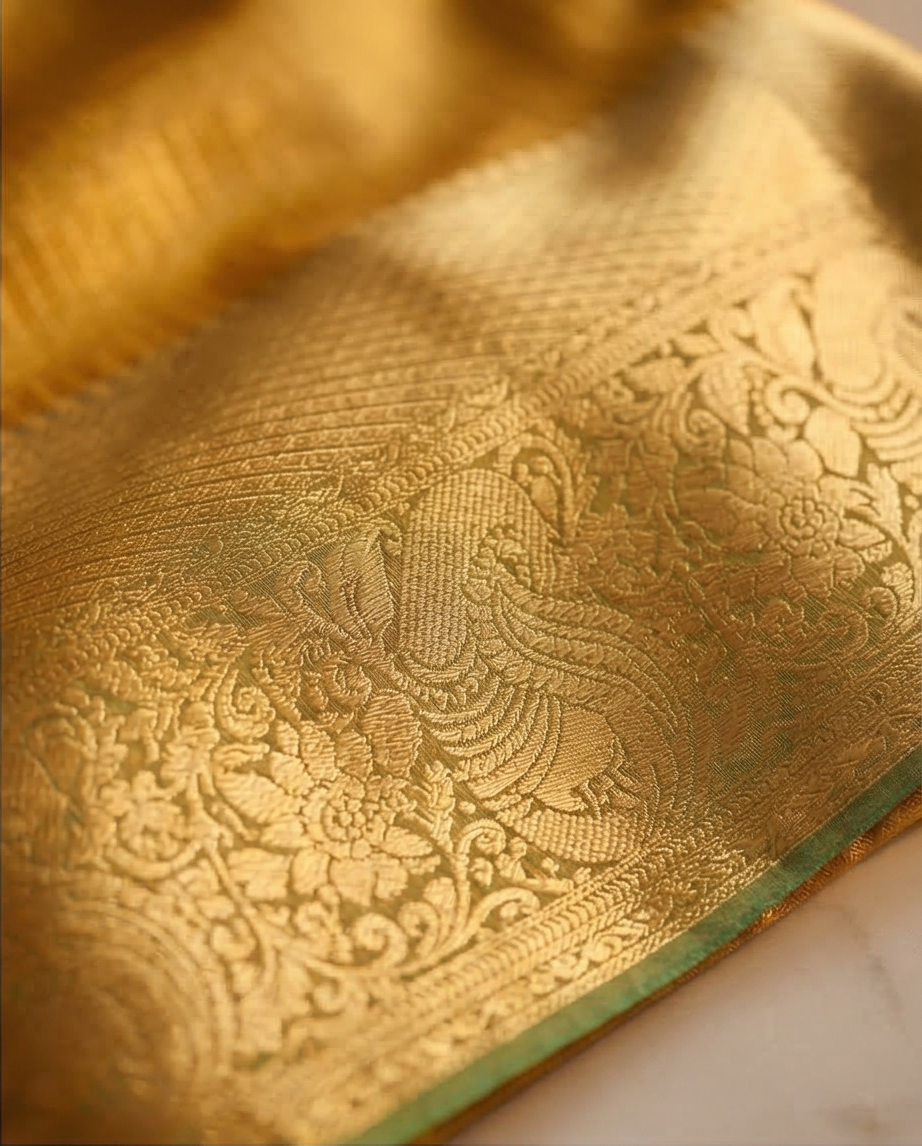 Mustard Yellow Semi Kanjivaram Silk Saree with Gold Zari Border