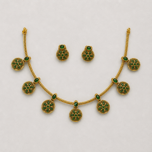 Round flower Pattern Necklace with Earrings - Green (NRW-54)