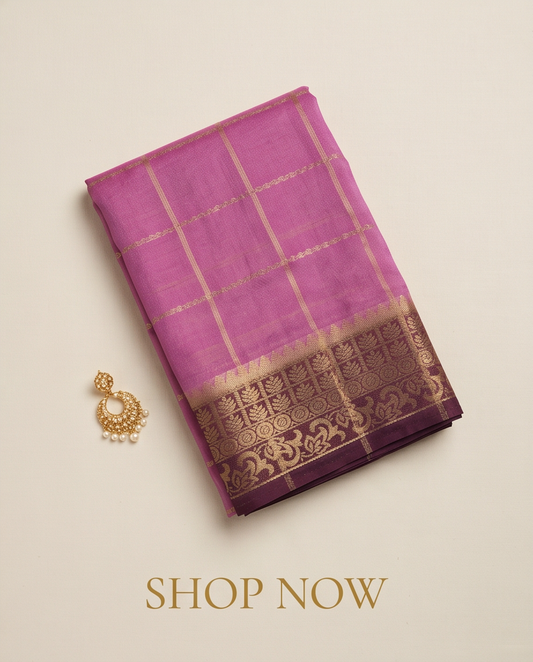 Classic Checkered Silk Saree with Grand Zari Border-Onion pink with maroon (SR-PSMP32)