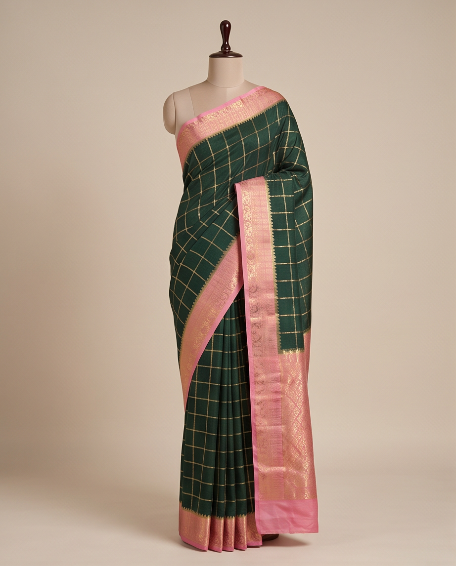 Classic Checkered Silk Saree with Grand Zari Border-Dark green with pink (SR-PSMP30)