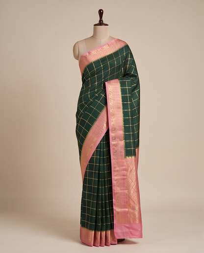 Classic Checkered Silk Saree with Grand Zari Border-Dark green with pink (SR-PSMP30)