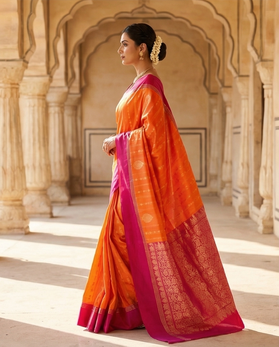Orange Kanchipuram Silk Saree with Golden Zari Motifs & Contrasting Magenta Border - SR-MSP15