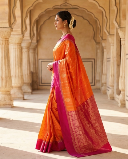 Orange Kanchipuram Silk Saree with Golden Zari Motifs & Contrasting Magenta Border - SR-MSP15