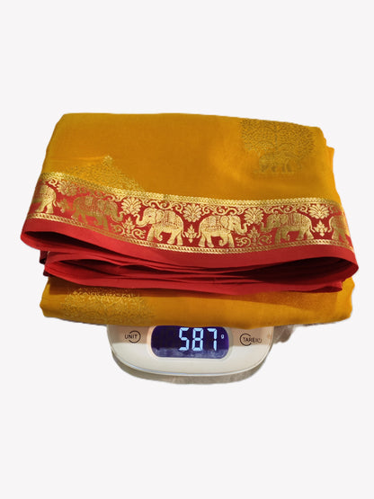 Pure Mysore Silk Saree with traditional elephant and floral designs(120gsm) - SR-PSMP4-Golden Yellow & Red