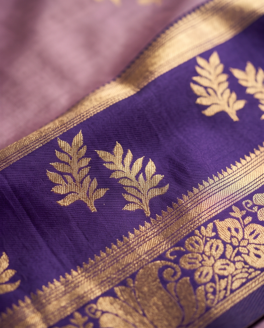 Semi silk saree with leaf and floral motifs.saree - light mauve body and a vibrant blue border (SR-PSMP24)