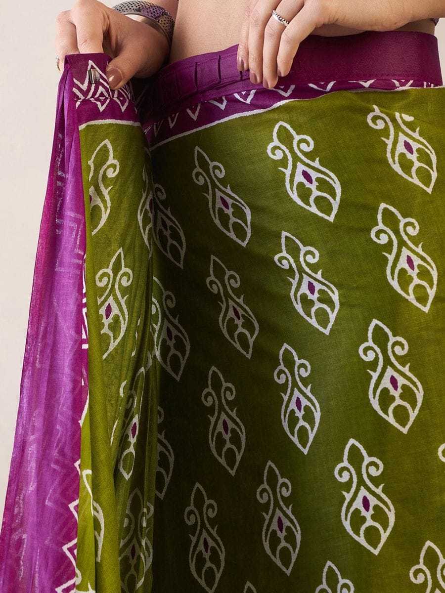 Olive Green Mulmul Cotton Saree with White Block Print & Magenta - SR-KEP9