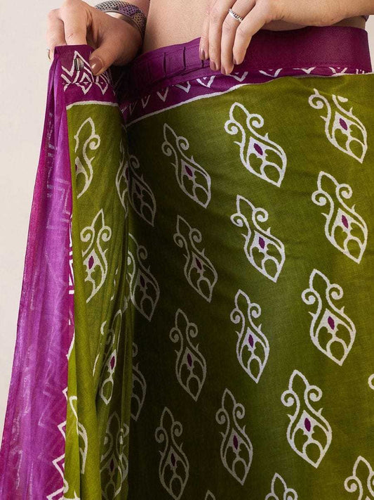 Olive Green Mulmul Cotton Saree with White Block Print & Magenta - SR-KEP9