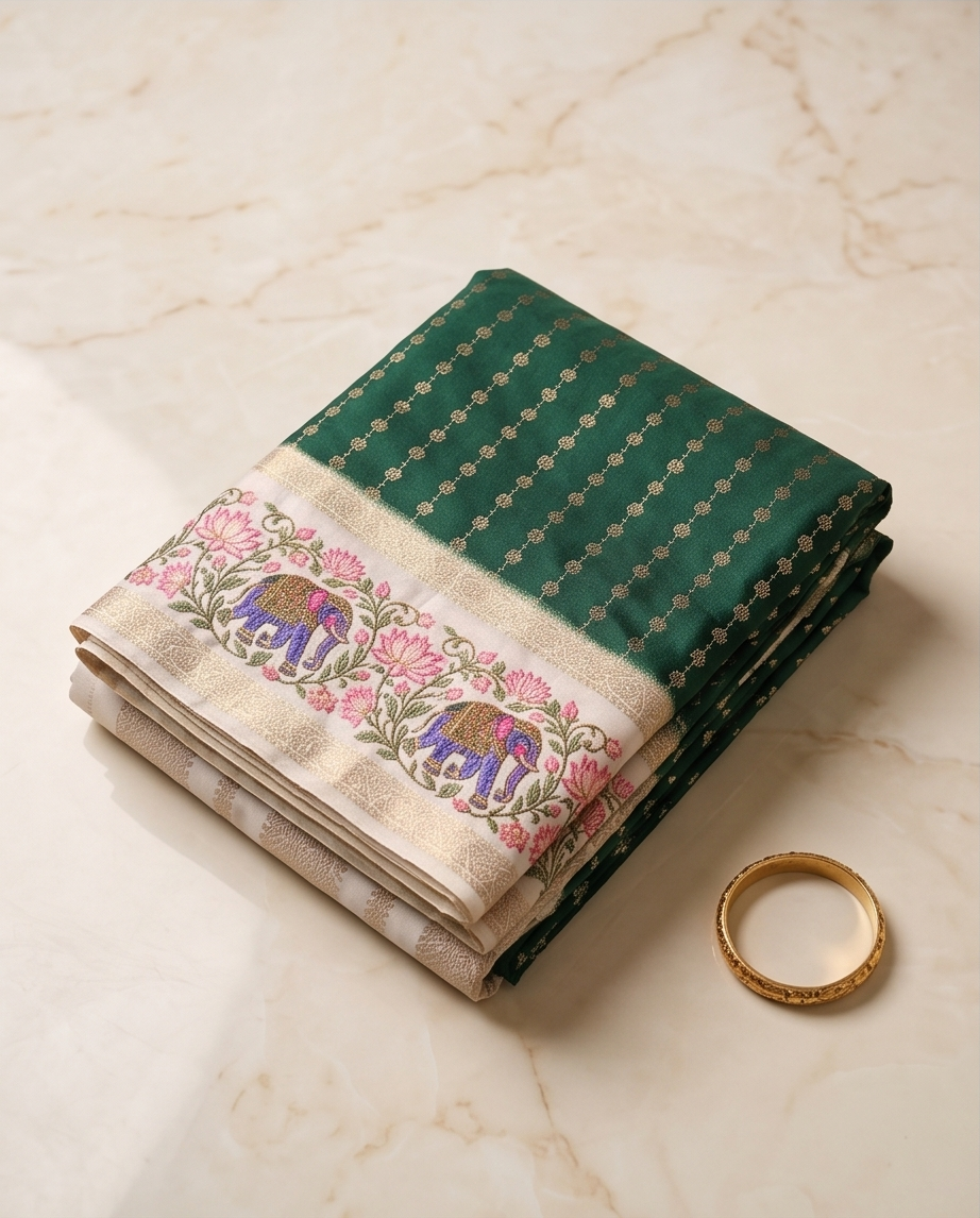 Premium Crepe silk with kalamkari border design-Green(SR-MSP30)