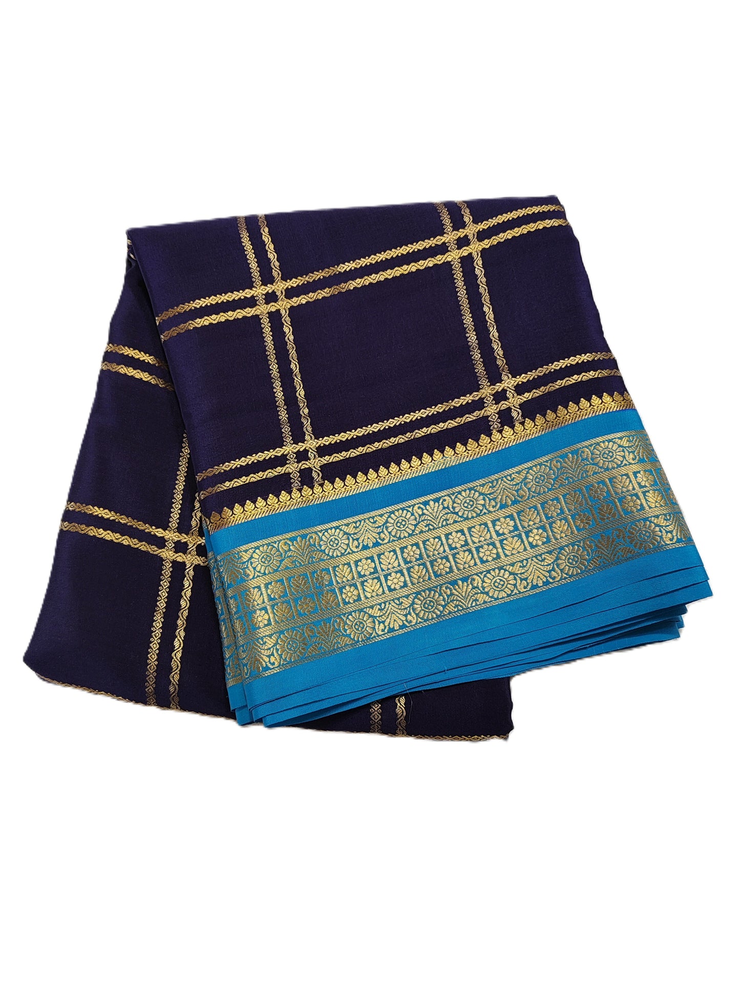 Pure Mysore Silk Saree (120 GSM) - SR-PSMP1-Dark blue with sky blue